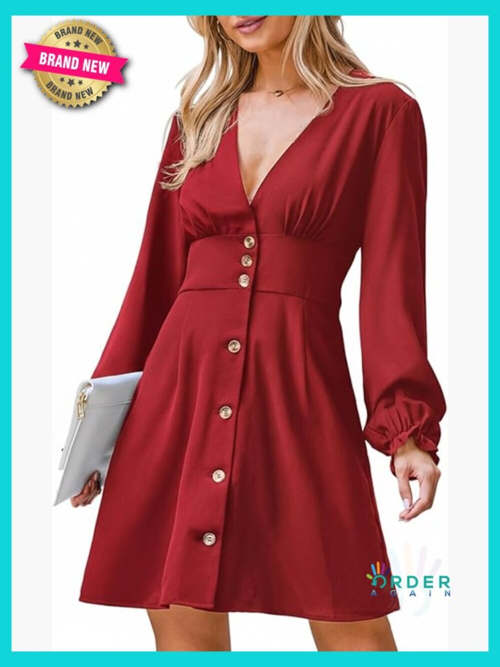 Long Sleeve V Neck A-Line Button Mini Dress Casual Fall Chic